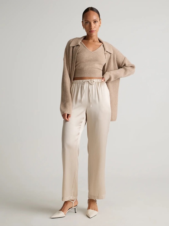 Quince Pants - QUINCE 100% WASHABLE SILK DRAWSTRING WIDE LEG PANTS IN CHAMPAGNE